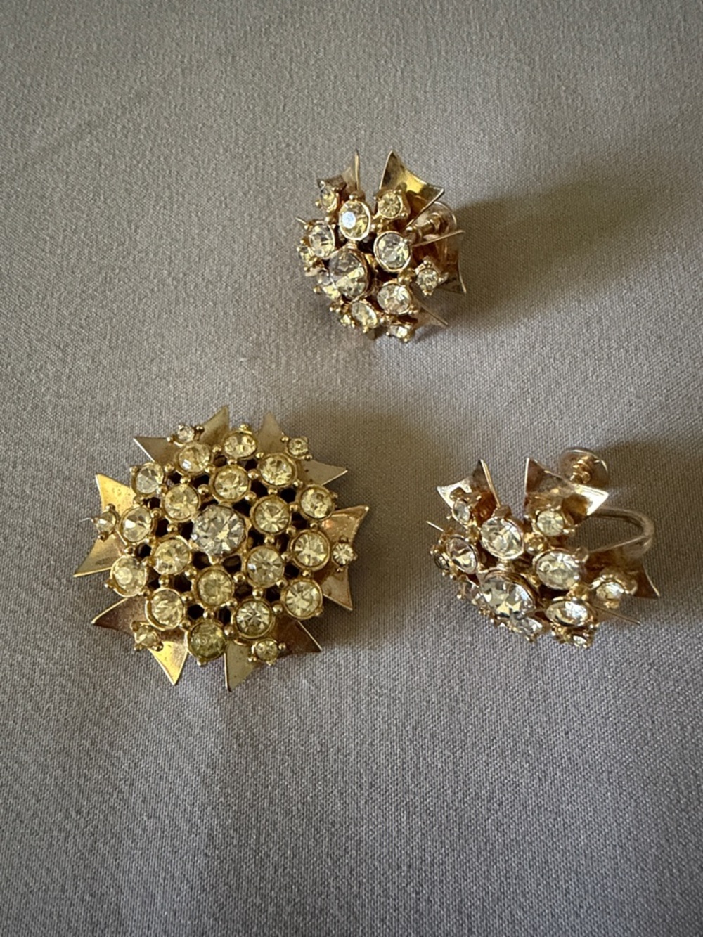 Vintage Gold-Tone Crystal Cluster Brooch and Screw on Earring Set